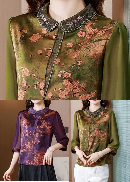 Fitted Green Peter Pan Collar Print Silk Blouse Tops Bracelet Sleeve LY0455