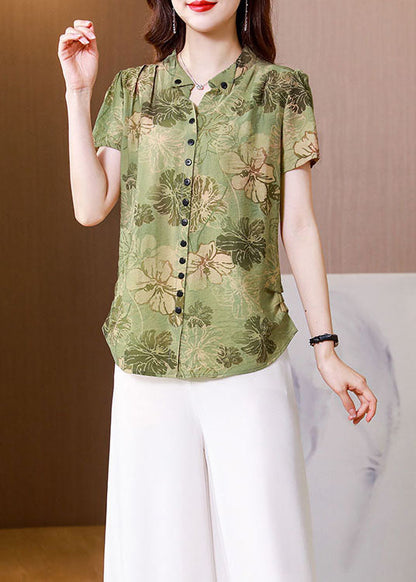 Fitted Green Stand Collar Print Button Silk Blouse Top Summer LY0439