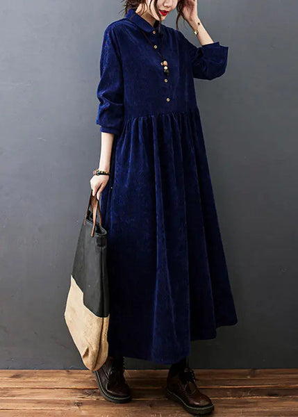 Fitted Navy Blue Peter Pan Collar Patchwork Corduroy Maxi Dresses Fall Ada Fashion