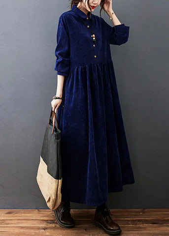 Fitted Navy Blue Peter Pan Collar Patchwork Corduroy Maxi Dresses Fall Ada Fashion