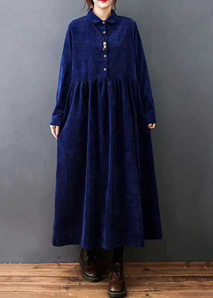 Fitted Navy Blue Peter Pan Collar Patchwork Corduroy Maxi Dresses Fall Ada Fashion