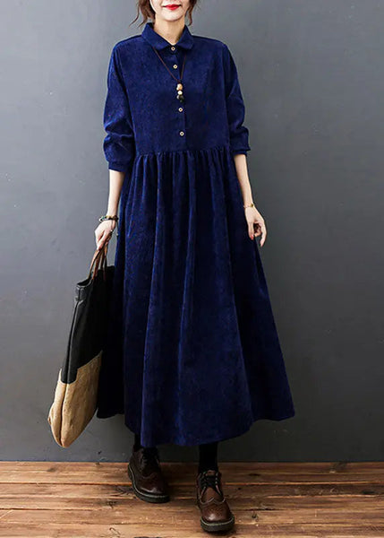 Fitted Navy Blue Peter Pan Collar Patchwork Corduroy Maxi Dresses Fall Ada Fashion