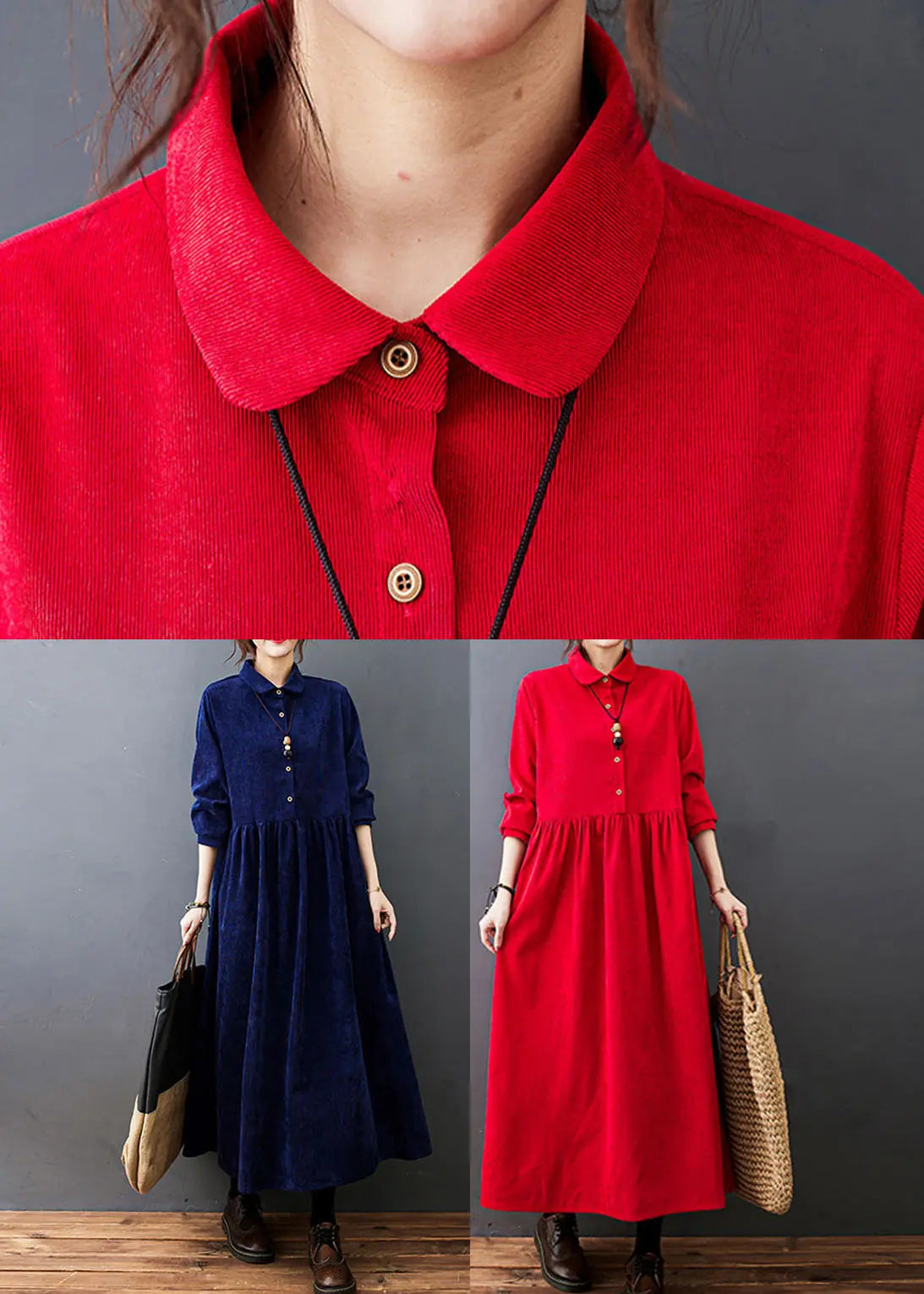 Fitted Navy Blue Peter Pan Collar Patchwork Corduroy Maxi Dresses Fall Ada Fashion