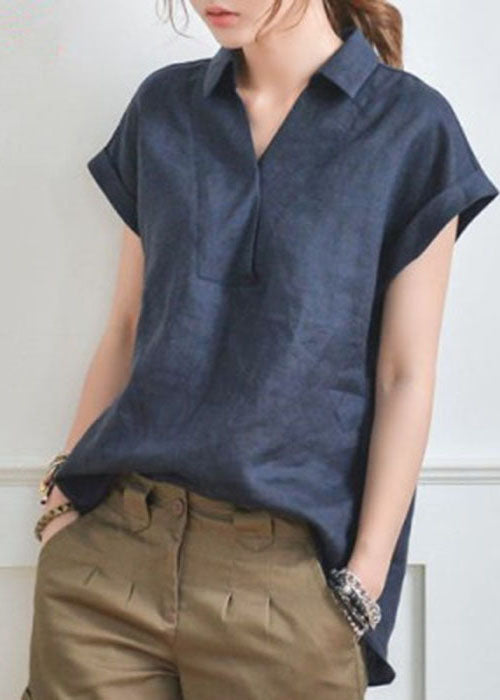 Fitted Navy V Neck Low High Design Linen Shirt Top Short Sleeve LY1307