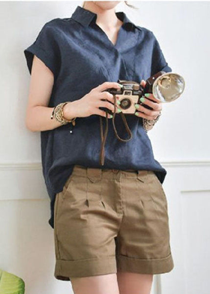 Fitted Navy V Neck Low High Design Linen Shirt Top Short Sleeve LY1307