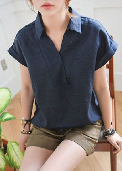 Fitted Navy V Neck Low High Design Linen Shirt Top Short Sleeve LY1307