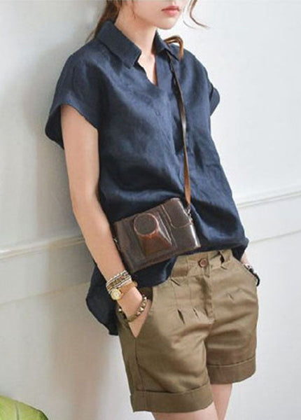 Fitted Navy V Neck Low High Design Linen Shirt Top Short Sleeve LY1307