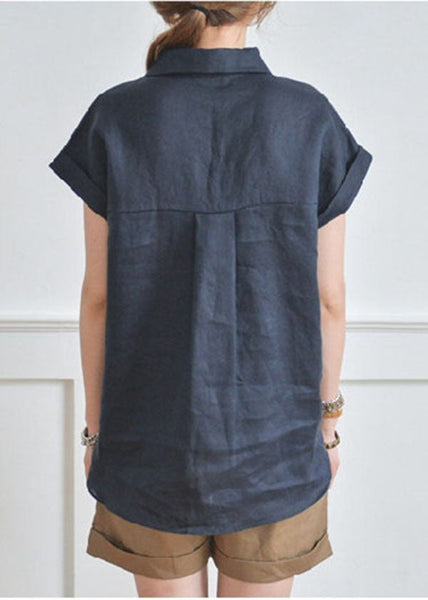 Fitted Navy V Neck Low High Design Linen Shirt Top Short Sleeve LY1307
