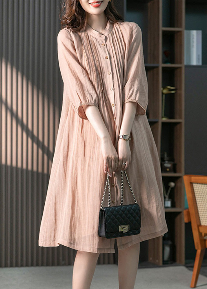 Fitted Pink Stand Collar Button Linen Maxi Dresses Spring LY1745