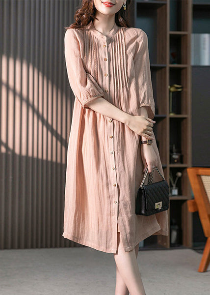 Fitted Pink Stand Collar Button Linen Maxi Dresses Spring LY1745
