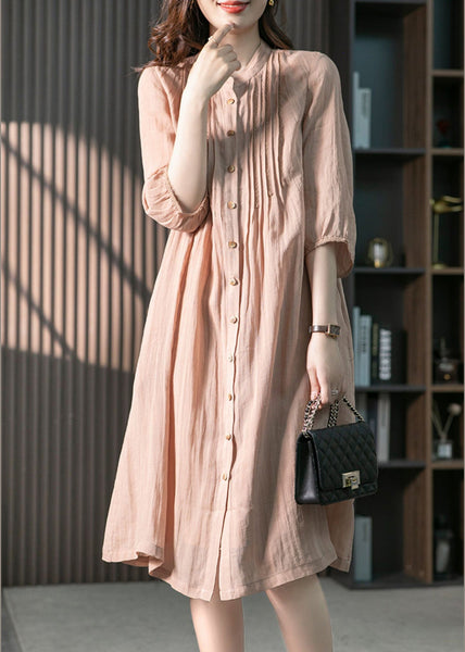Fitted Pink Stand Collar Button Linen Maxi Dresses Spring LY1745
