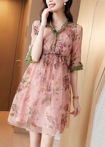 Fitted Pink V Neck Ruffled Print Chiffon Maxi Dress Half Sleeve LC0090