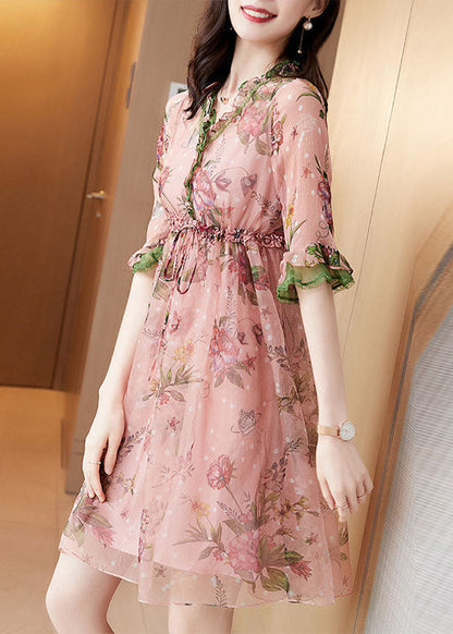 Fitted Pink V Neck Ruffled Print Chiffon Maxi Dress Half Sleeve LC0090