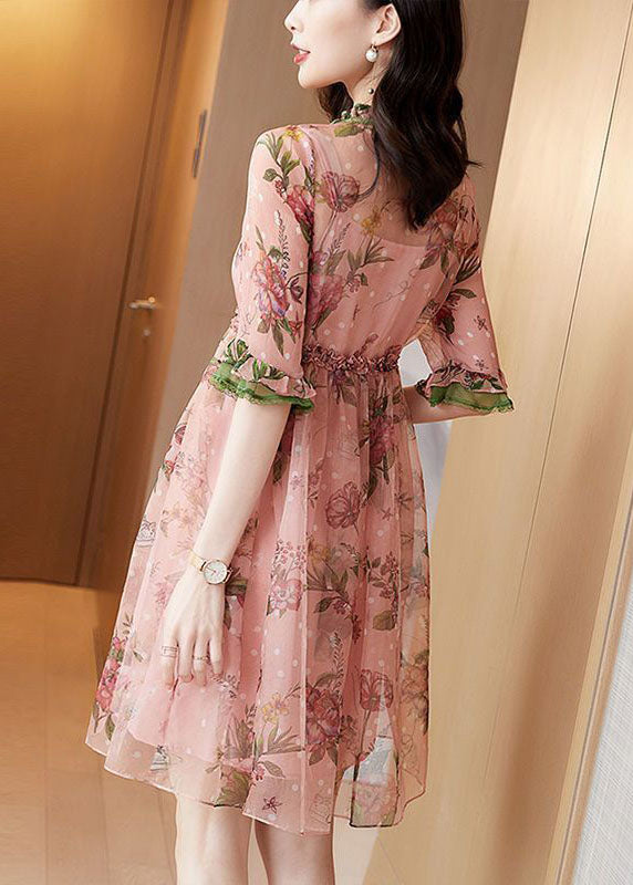 Fitted Pink V Neck Ruffled Print Chiffon Maxi Dress Half Sleeve LC0090