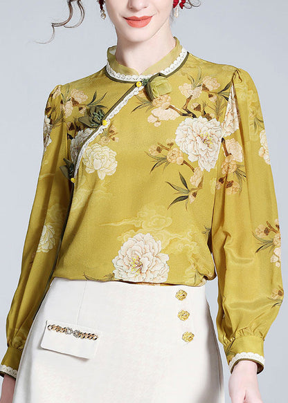 Fitted Yellow Stand Collar Print Silk Shirts Spring LY0708