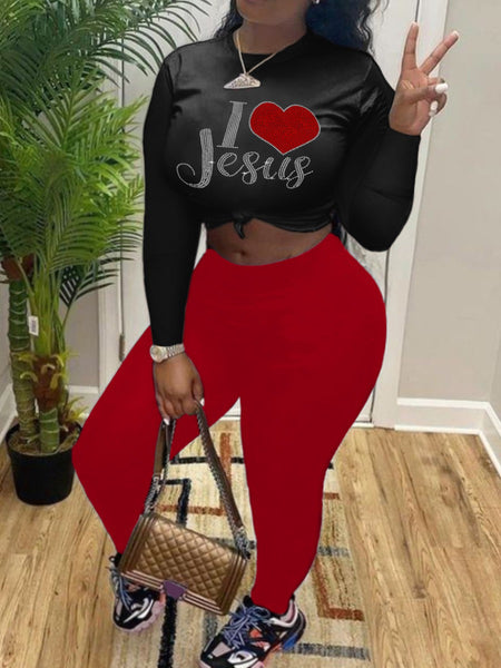 Plus Size Rhinestone Heart Letter Decor Pants Set AR3082