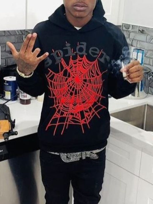 Men Spider Web Letter Print Kangaroo Pocket Hoodie AT9061