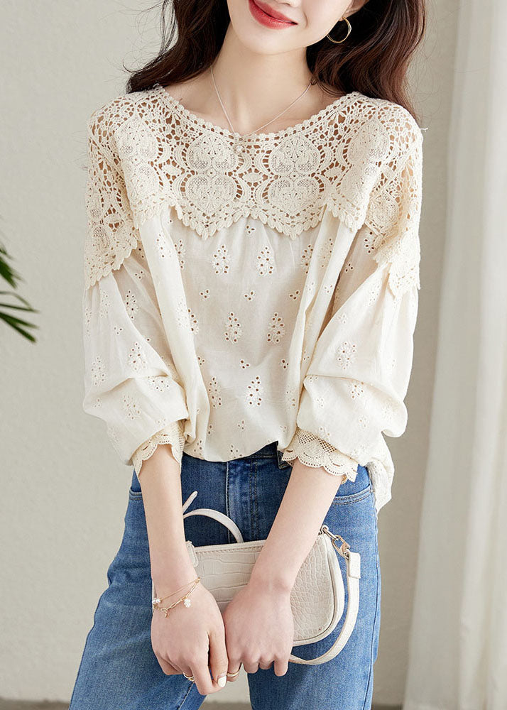 French Apricot Hollow Out Lace Patchwork Cotton Shirts Top Spring TQ1045