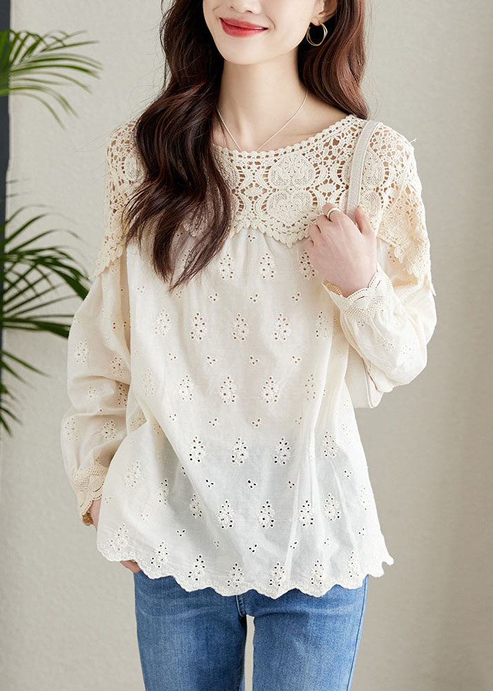 French Apricot Hollow Out Lace Patchwork Cotton Shirts Top Spring TQ1045