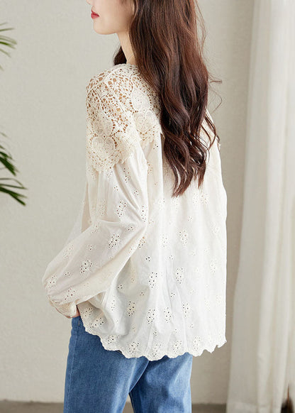 French Apricot Hollow Out Lace Patchwork Cotton Shirts Top Spring TQ1045