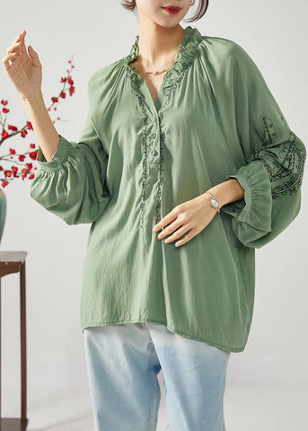 French Army Green Embroideried Ruffled Cotton Shirts Spring LY1112