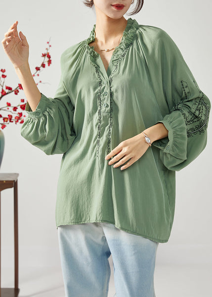 French Army Green Embroideried Ruffled Cotton Shirts Spring LC0382