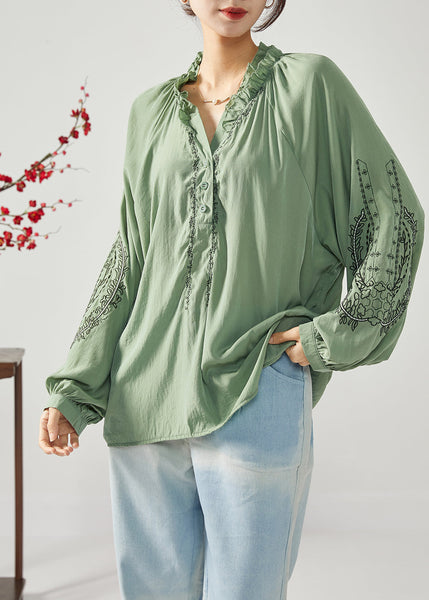French Army Green Embroideried Ruffled Cotton Shirts Spring LY1112