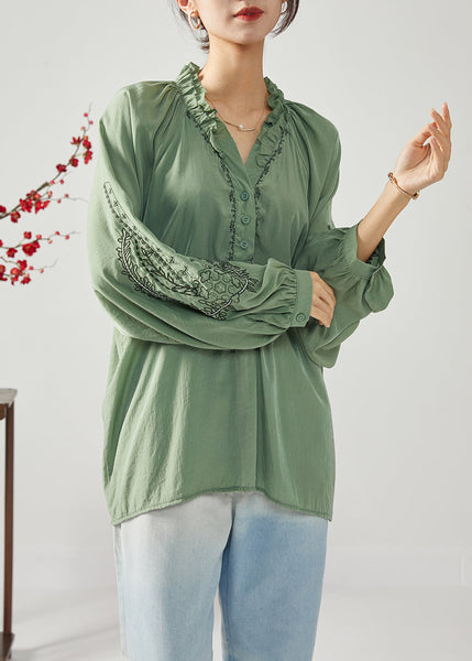 French Army Green Embroideried Ruffled Cotton Shirts Spring LY1112