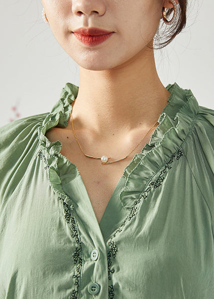 French Army Green Embroideried Ruffled Cotton Shirts Spring LC0382