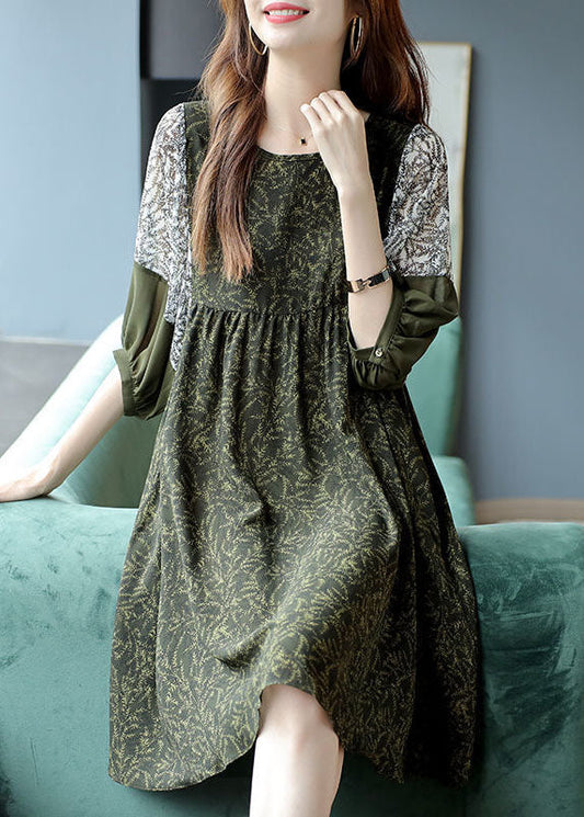 French Army Green O-Neck Patchwork Print Chiffon Vacation Dresses Half Sleeve FR2003