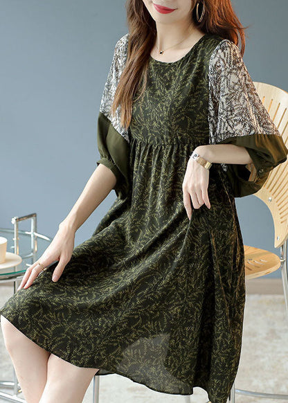 French Army Green O-Neck Patchwork Print Chiffon Vacation Dresses Half Sleeve FR2003