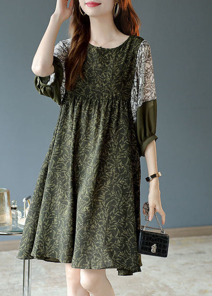 French Army Green O-Neck Patchwork Print Chiffon Vacation Dresses Half Sleeve FR2003