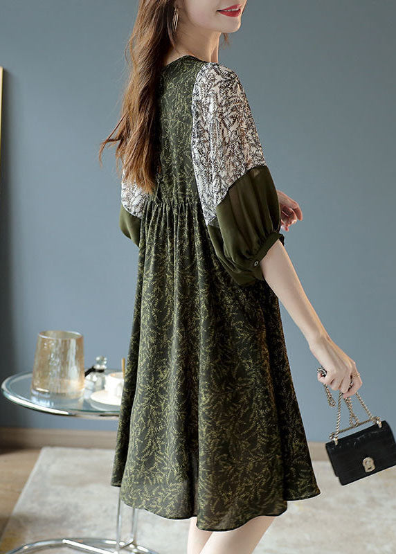 French Army Green O-Neck Patchwork Print Chiffon Vacation Dresses Half Sleeve FR2003