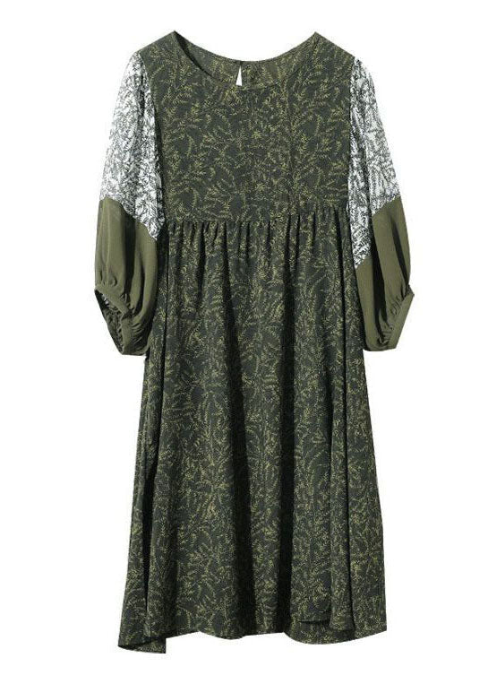 French Army Green O-Neck Patchwork Print Chiffon Vacation Dresses Half Sleeve FR2003