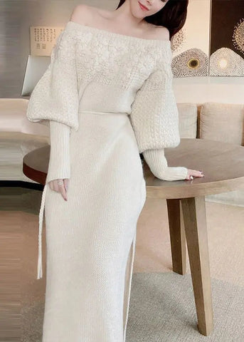 French Beige Flower Knitted Off Shoulder Sweater Dress Autumn Ada Fashion