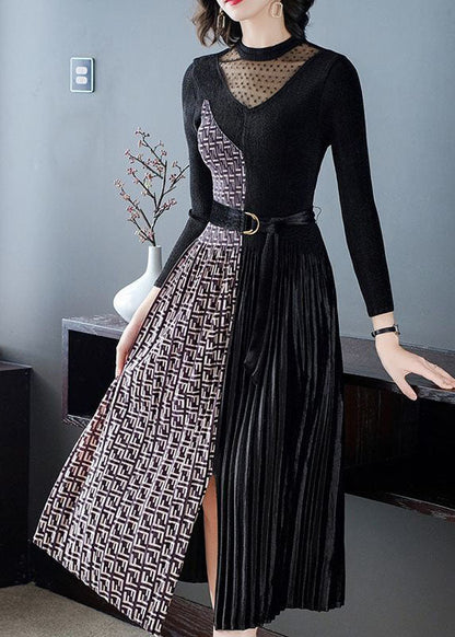 French Black Cinched Patchwork Side Open Silk Velour Maxi Dress Spring LC0081