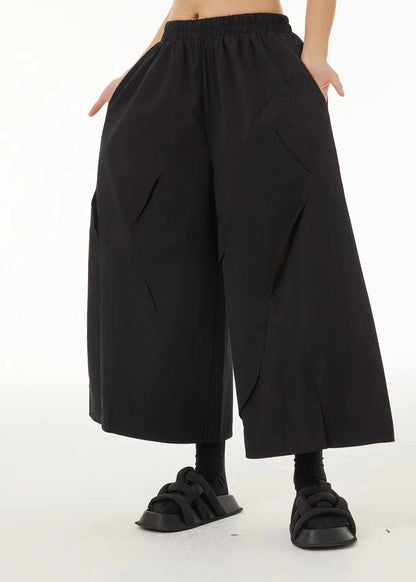 French Black Elastic Waist Ripped Cotton Wide Leg Crop Pants Summer LC0100