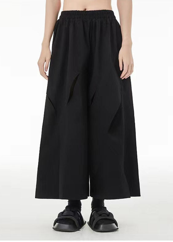 French Black Elastic Waist Ripped Cotton Wide Leg Crop Pants Summer LC0100