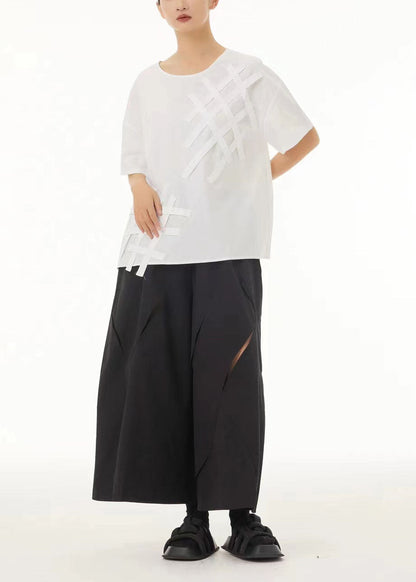 French Black Elastic Waist Ripped Cotton Wide Leg Crop Pants Summer LC0100