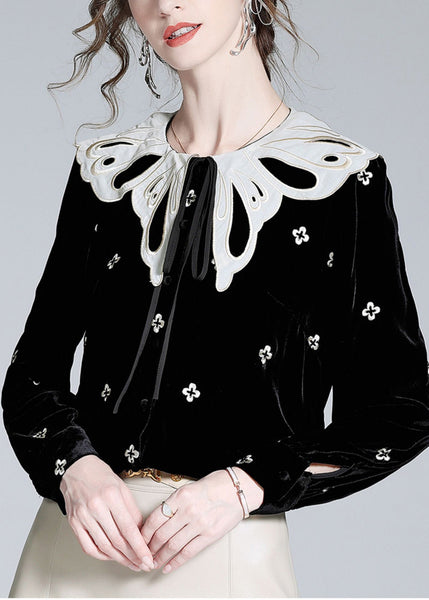 French Black Embroideried Neck Tie Silk Velour Shirts Spring LY0712