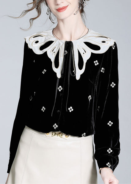 French Black Embroideried Neck Tie Silk Velour Shirts Spring LY0712