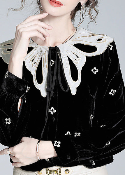 French Black Embroideried Neck Tie Silk Velour Shirts Spring LY0712