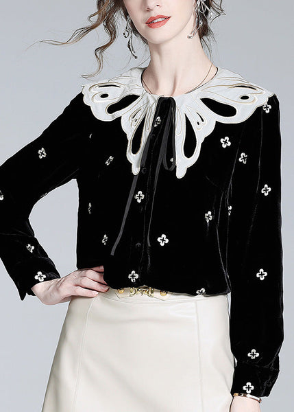French Black Embroideried Neck Tie Silk Velour Shirts Spring LY0712