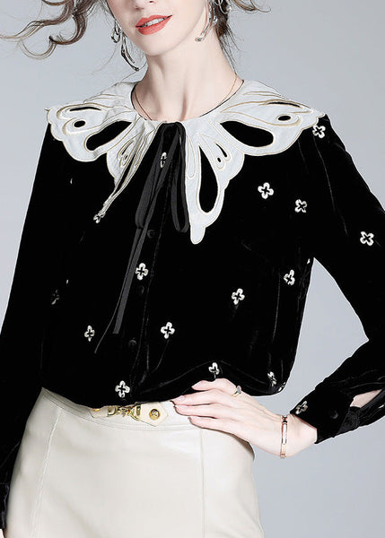 French Black Embroideried Neck Tie Silk Velour Shirts Spring LY0712