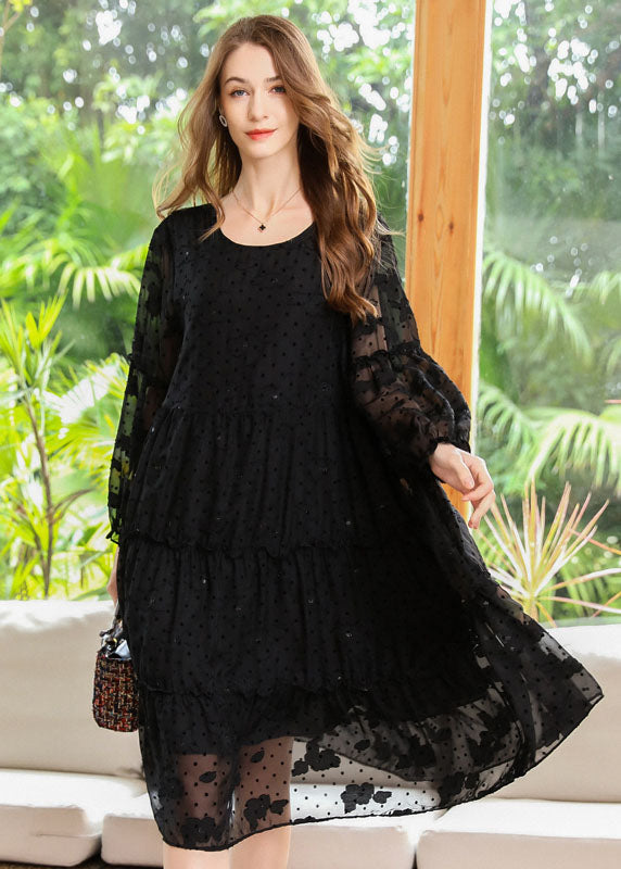 French Black Embroideried Ruffled Hollow Out Chiffon Dresses Spring LY0261