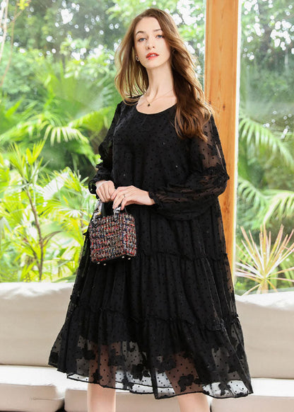 French Black Embroideried Ruffled Hollow Out Chiffon Dresses Spring LY0261