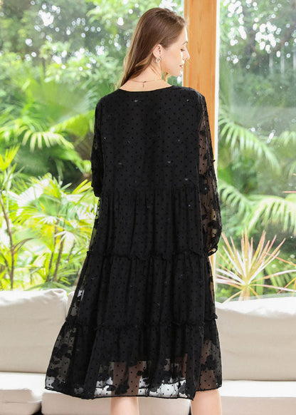 French Black Embroideried Ruffled Hollow Out Chiffon Dresses Spring LY0261