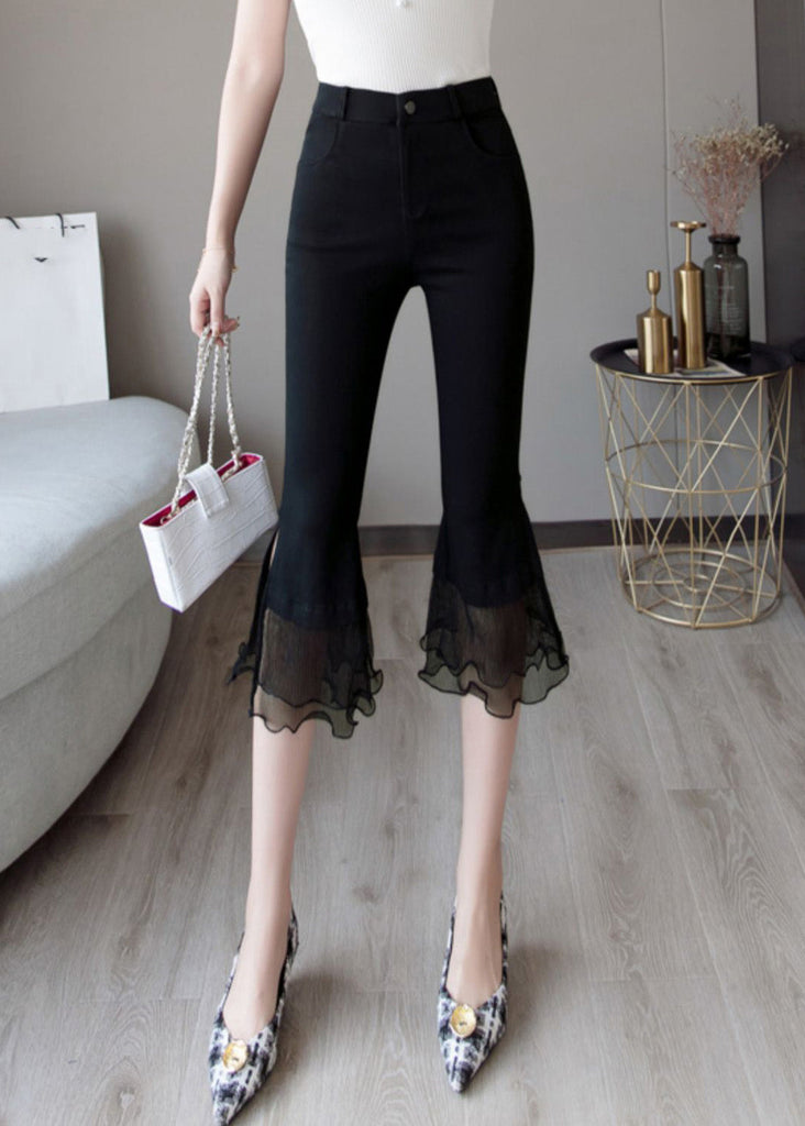 French Black High Waist Lace Patchwork Bell Bottom Trousers Summer LY0199