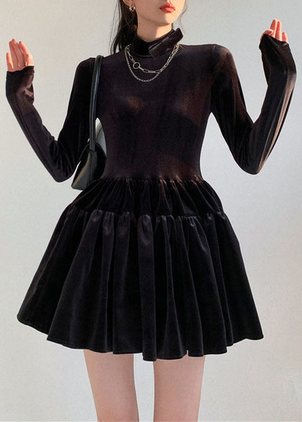 French Black Hign Neck Wrinkled Patchwork Silk Velour Dress Spring LY0784