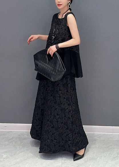 French Black Jacquard Asymmetrical Patchwork Ruffles Silk Two Piece Set Outfits Sleeveless LY1567